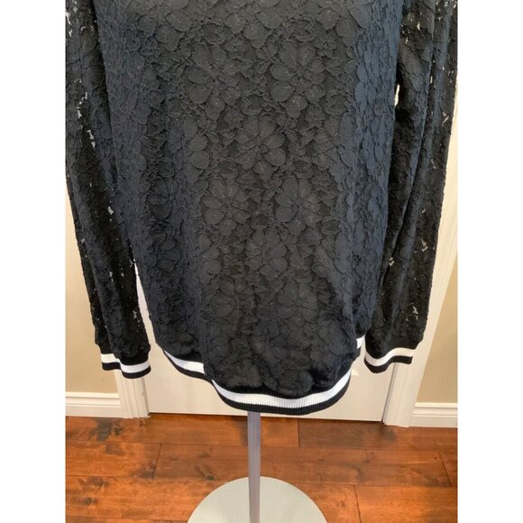 Michael Kors Black Floral Lace Long Sleeve Shirt W/Striped Elastic, Size M - Picture 3 of 8